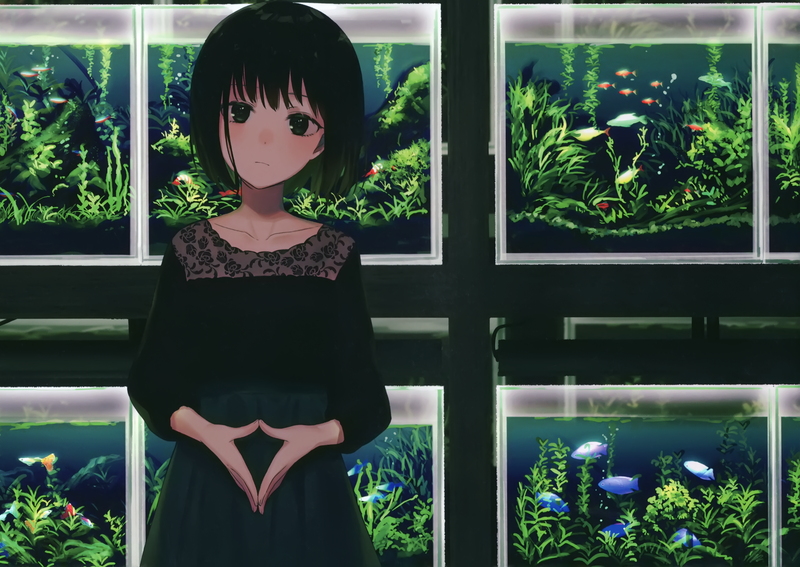 anime girls, dress, aquarium, anime, frontal view