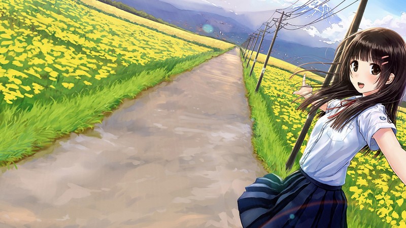 anime, inbetweening, field, anime girls, flowers, yellow flowers, outdoors, POV