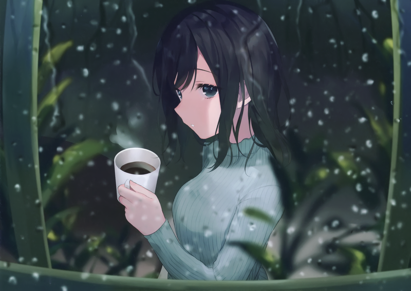 anime girls, coffee, sweater, rain, anime