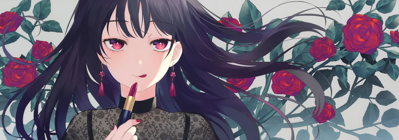 anime girls, lipstick, roses, red eyes, anime