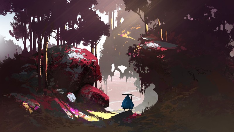 Yu Yiming, digital art, concept art, landscape, trees, moss, red, magenta, artwork