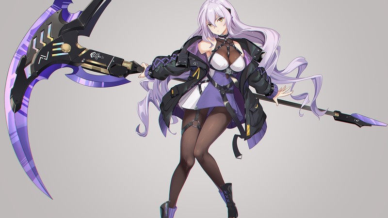 long hair, scythe, panty hose, weapon, anime