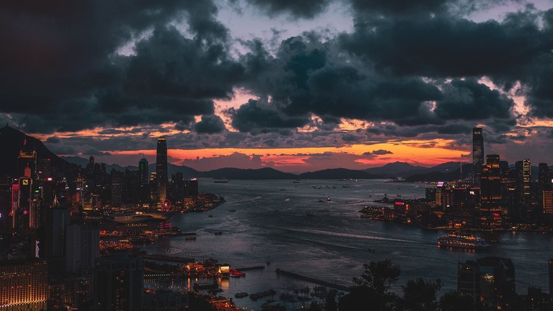 photography, Hong Kong, sunset, clouds, lights, building, night, city lights