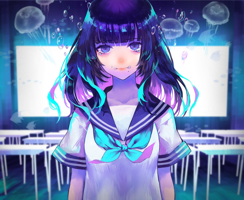 school uniform, multi-colored hair, purple eyes, anime, frontal view