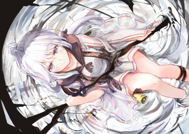 school uniform, ponytail, long hair, blue eyes, weapon, water, blush, white hair, anime, top view