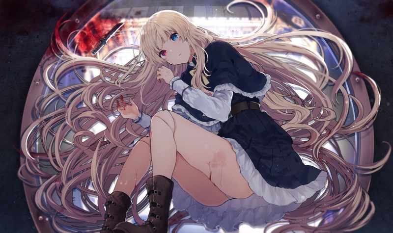 anime, anime girls, digital art, artwork, 2D, portrait, heterochromia, blood, knife