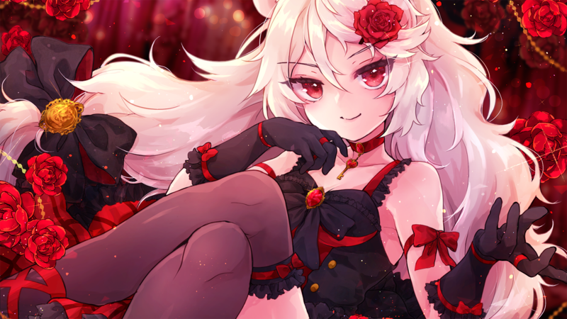 long hair, roses, pantyhose, red eyes