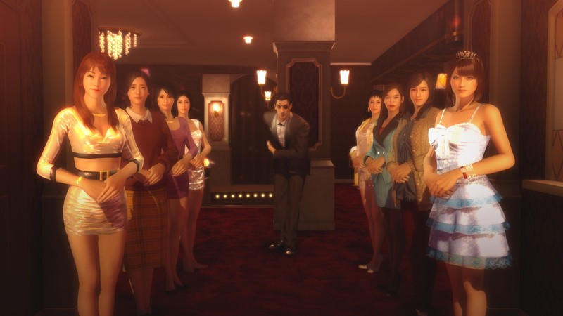Idol, Yakuza 0, yakuza, Goro Majima, women, legs, video game girls, video games, Sega, computer, Steam (software), eyepatches, dress, skirt, carpet, bright, Japanese, Japan, jumper, leggings, brunette, redhead, Cabaret, high heels, plaid, smiling, jewelry