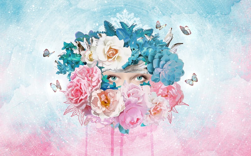 colorful, flowers, women, eyes, plants, artwork