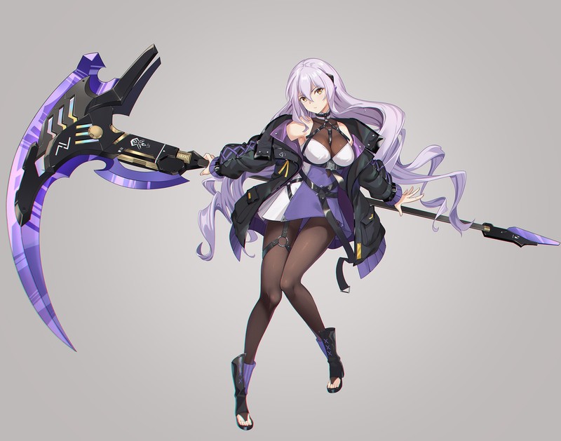 weapon, yellow eyes, purple hair, scythe, pantyhose, dress, long hair, anime