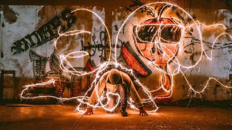 man, light art, hood, sparks, light, 4k