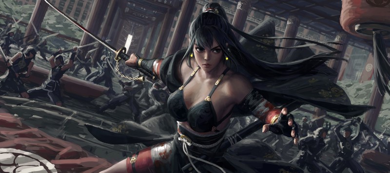 women, fantasy girl, warrior girls, black hair, ponytail, long hair, looking away, arm warmers, fingerless gloves, bra, black bras, bandage, Bloods, samurai, battle, war, science fiction, fantasy art, angry, katana, weapon, artwork, concept art, illustration, drawing, digital art, GUWEIZ, Z.W. Gu, fighting, ultrawide