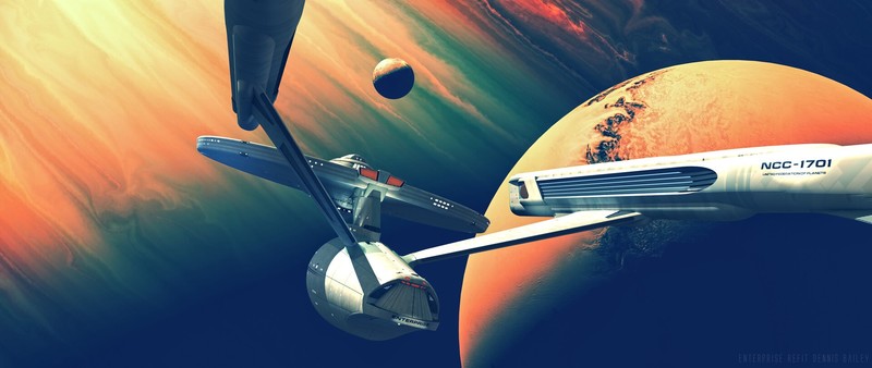 digital art, Star Trek, spaceship, planet, science fiction, USS Enterprise NCC-1701