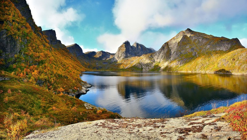 landscape, mountains, clouds, sky, nature, lake, fall