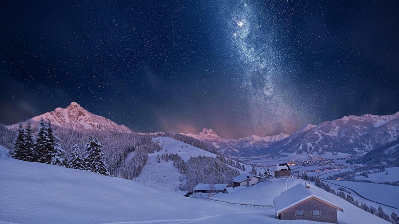 night, Milky Way, snow, forest, galaxy