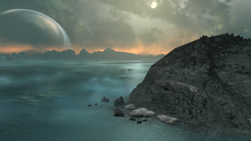 PC gaming, in-game, screen shot, video games, science fiction, futuristic, Halo Reach, Planet Reach, water, aircraft, UH-114 Falcon, horizon