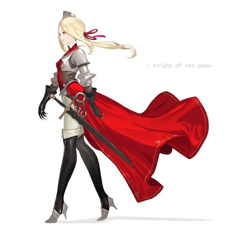 anime girls, portrait display, original characters, simple background, fantasy girl, knight, anime, walking, blonde, red dress, women with swords