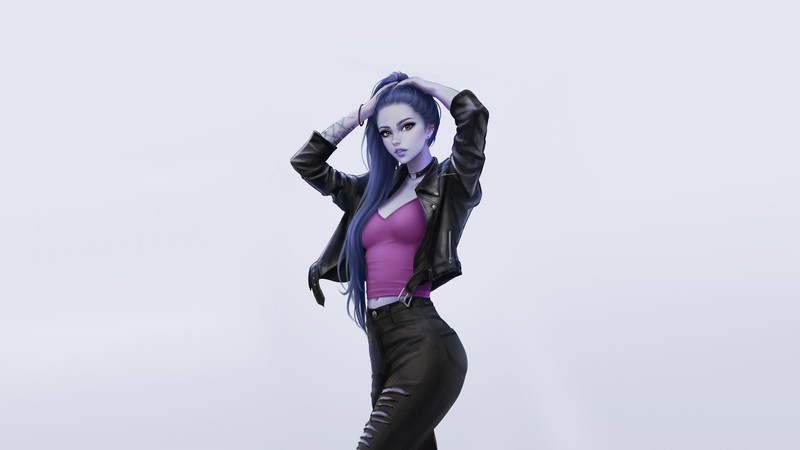 digital art, artwork, illustration, women, Overwatch, video games, video game art, fan art, Widowmaker (Overwatch), looking at viewer, blue hair, long hair, simple background, Amélie Lacroix