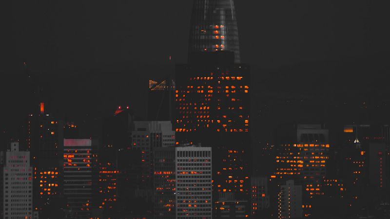 night city, buildings, lights, dark, 4k