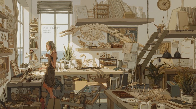 digital art, artwork, illustration, collection, women, indoors, fossils, room, beige