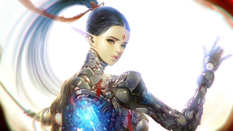 dark hair, artwork, cyborg, pointy ears, science fiction, long hair