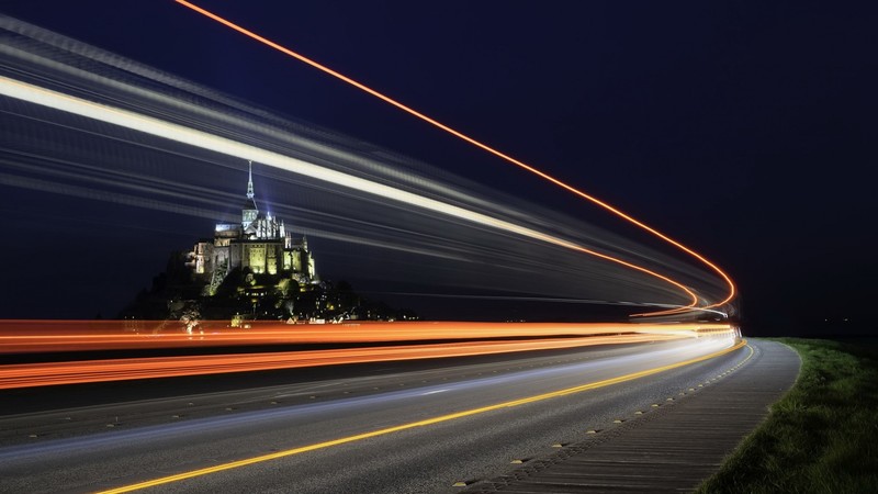 architecture, building, night, Mont Saint-Michel, France, long exposure, road, light trails, castle, ancient