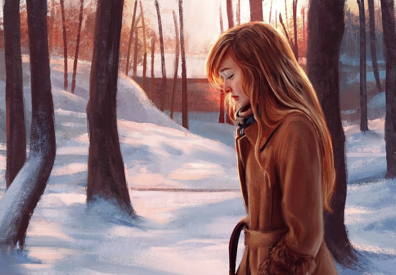 winter, trees, snow, cold, women, women outdoors, artwork, digital painting