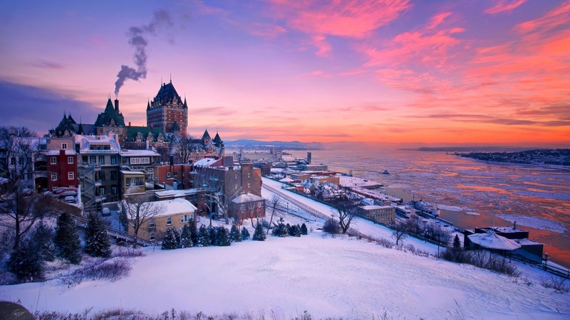 architecture, building, Quebec, Canada, sunset, evening, winter, snow, river, smoke, tower, hill, cityscape, ice, clouds, ship