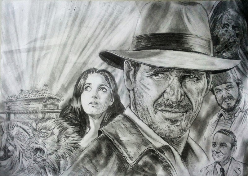 movies, artwork, Indiana Jones, monochrome