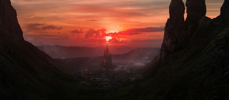Santa Norvaisaite, digital, fantasy city, Sun, artwork, sky, sunlight, dark