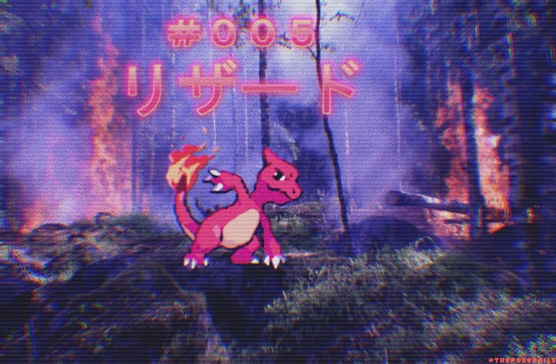 Pokémon, Charmeleon, forest, fire, nature, vaporwave, Nintendo, Pokemon Go, trees