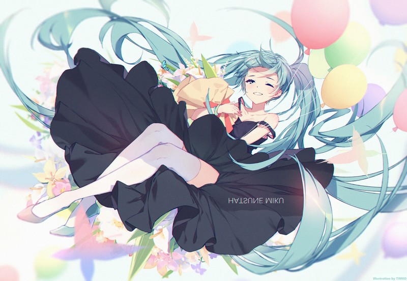 Hatsune Miku, long hair, blue hair, dress, stockings, twintails, wink, flowers, blue eyes, Vocaloid, anime
