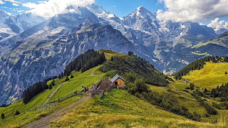 grass, clouds, mountains, trees, building, photography