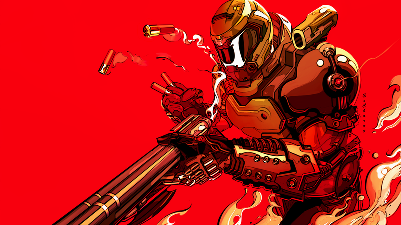 Doom slayer, DOOM Eternal, smoke, shotgun, Doom (2016), video game art, 2D, simple background, fantasy armor, Doom (game)