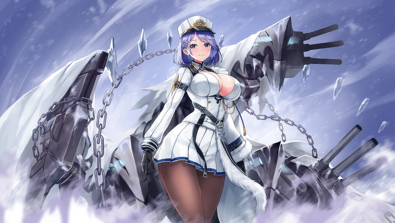 Chapayev (Azur Lane), short hair, blue hair, blush, big boobs, pantyhose, uniform, hat, winter, blue eyes, Azur Lane, anime