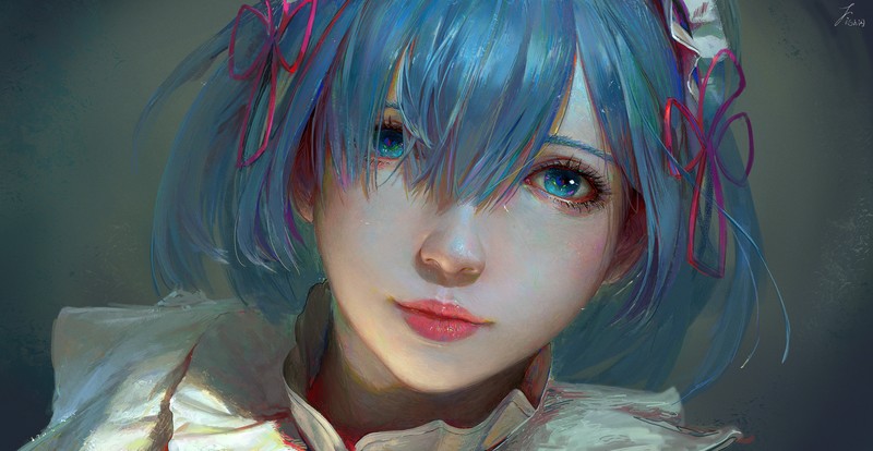 scorpionfish, Re:Zero Kara Hajimeru Isekai Seikatsu, pale, bangs, Smile, hair ornament, blue eyes, blue hair, anime girls, anime, women, simple background, Rem (Re: Zero)