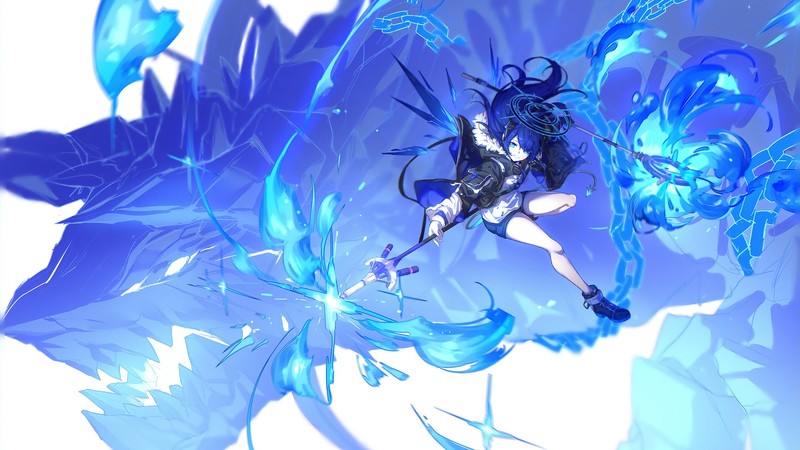long hair, blue hair, staff, anime