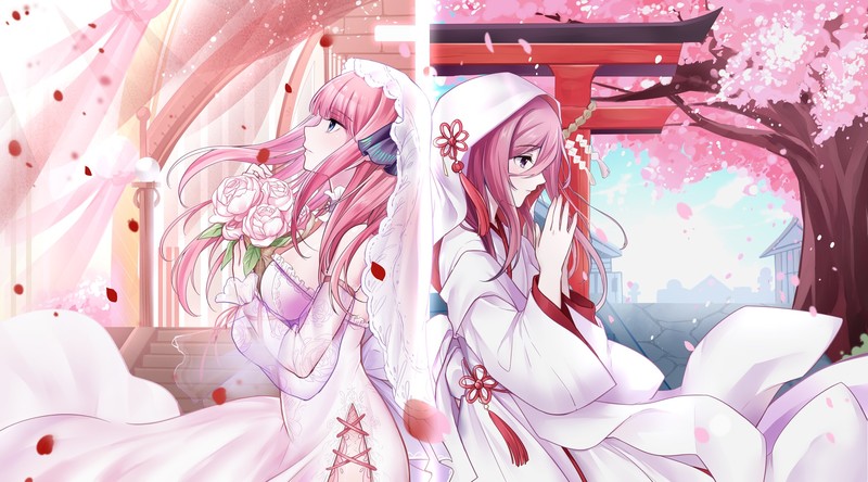5-toubun no Hanayome, wedding dress, Sakura blossom, Nakano Nino, Nakano Miku, anime, anime girls