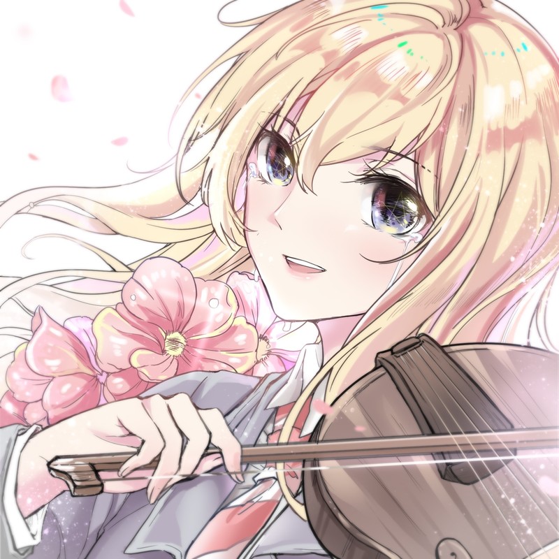 Shigatsu wa Kimi no Uso, Miyazono Kaori, crying, flowers, school uniform, violin, blond hair, anime