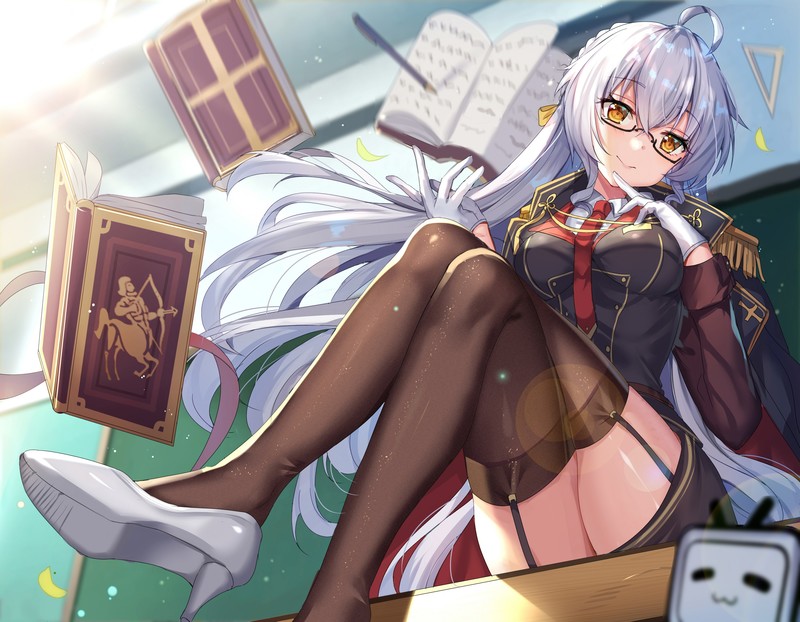 thighs, high heels, black pantyhose, glasses, magic, yellow eyes, long hair, white hair, tie, teachers, anime