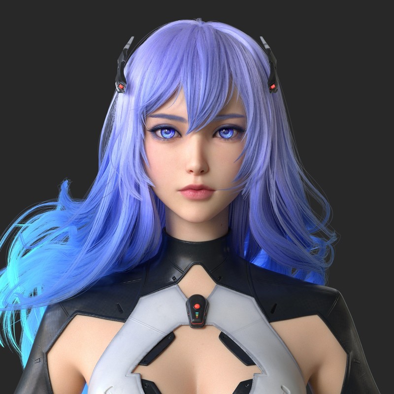 Huifeng Huan, CGI, Beatless, Lacia, Type-005 Lacia, women, blue hair, long hair, blue eyes, portrait, looking at viewer, hair accessories, simple background, androids