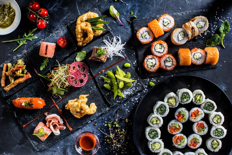 food, sushi, seafood, tomatoes, top view