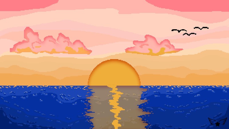 pixel art, sunset, clouds, sea, blue, pink