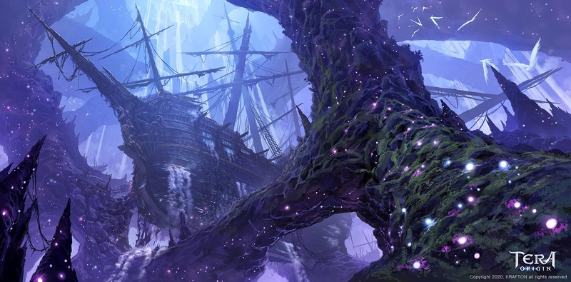 J Line, digital, fantasy art, ship, tree bark