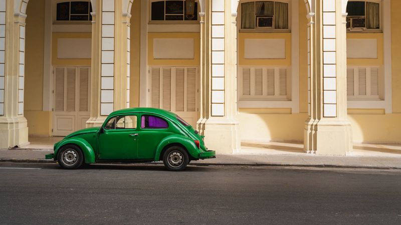 car, retro, building, facade, 4k