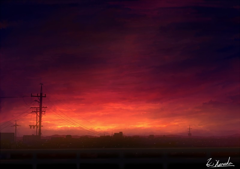 city, anime, sky, dark, sunlight, power lines