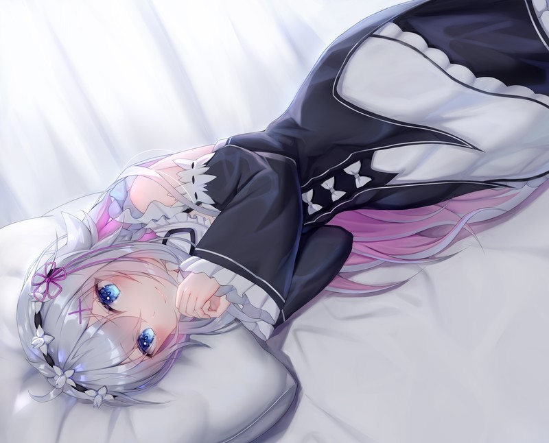 Re:Zero Kara Hajimeru Isekai Seikatsu, blue eyes, gray hair, blush, bed, maid, long hair, dress, headband, braids, anime