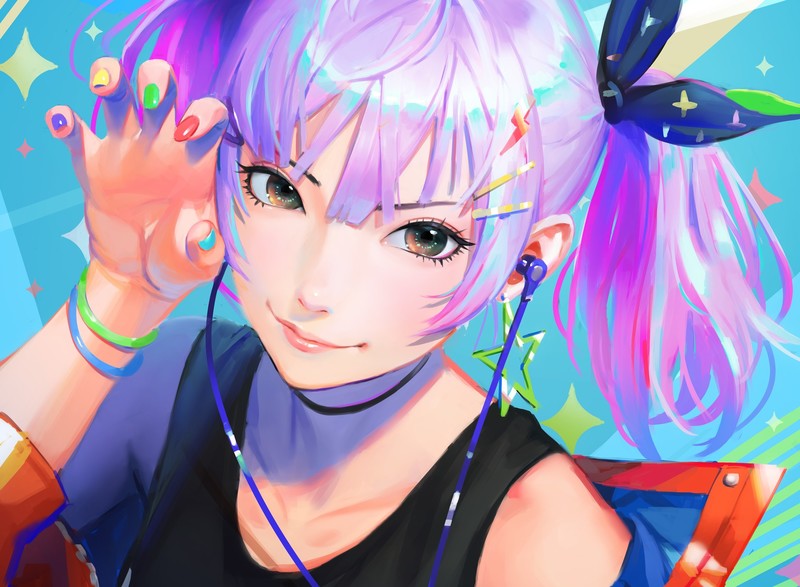 NaBaBa (DeviantArt), purple hair, brown eyes, headphones, short hair