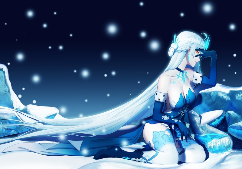 Honkai Impact 3rd, blue clothes, pantyhose, white hair, long hair, snowing, glowing eyes, Kiana Kaslana, anime