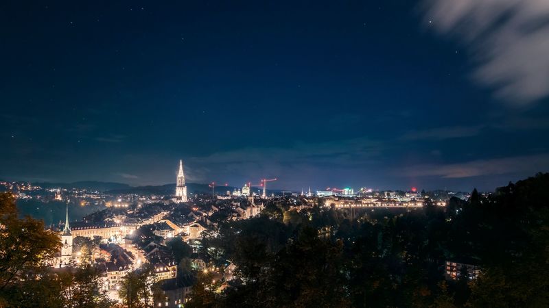 night city, starry sky, night, city lights, aerial view, 4k